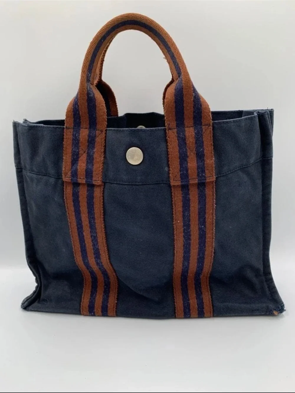 Hermes Navy Canvas Tote with Brown Striped Handles